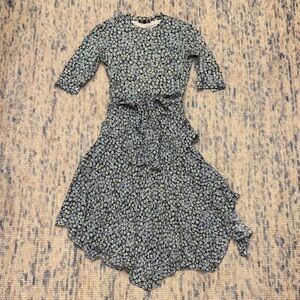 Maje Blue Floral Asymmetrical Tie Waist Dress